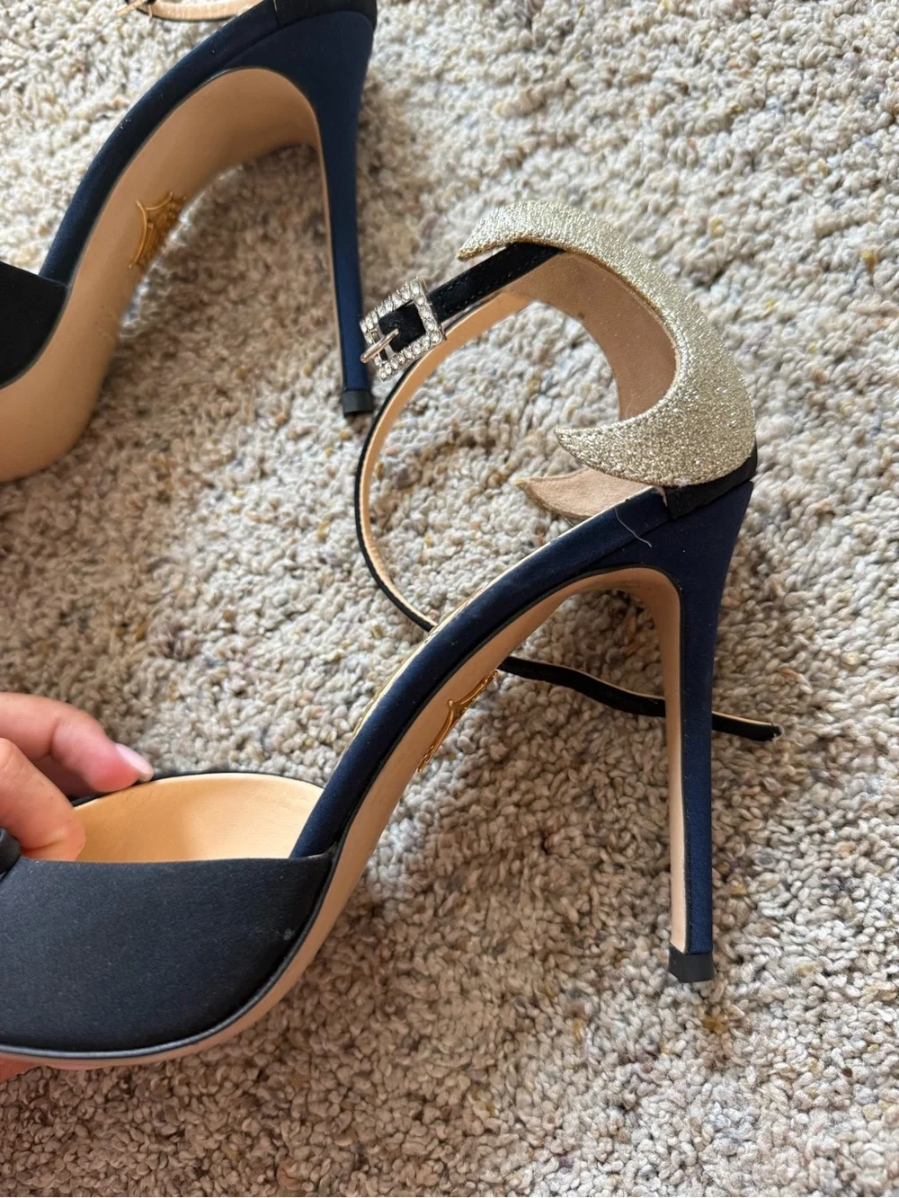 Charlotte Olympia Black Pointed-Toe Ankle-Strap Heels with Gold Star Accents